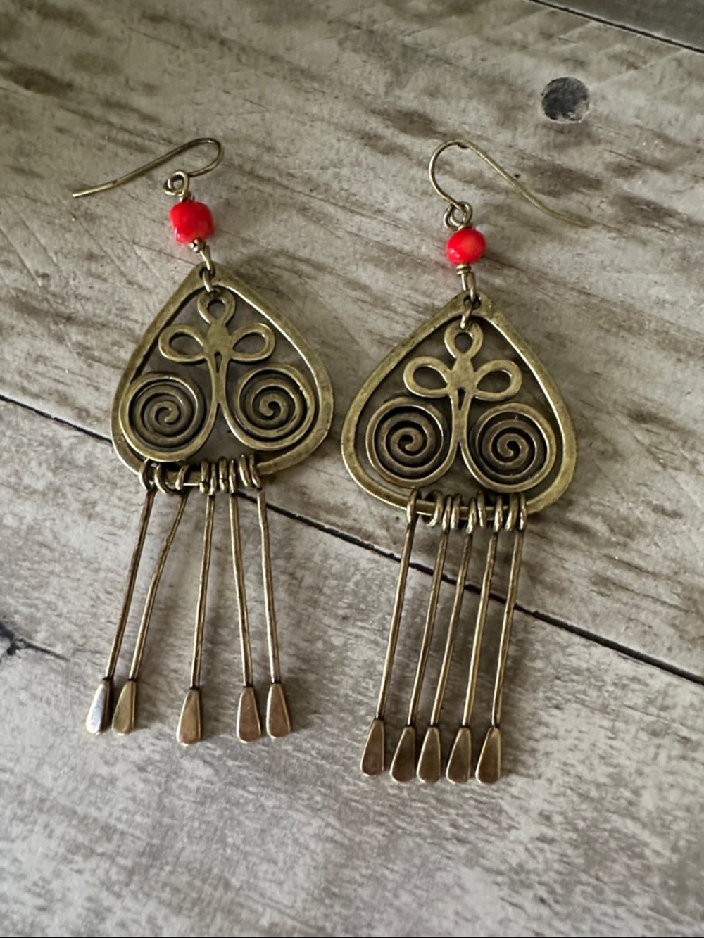 Antique Gold-Tone Filigree Dangle Earrings with Red Bead Accent
